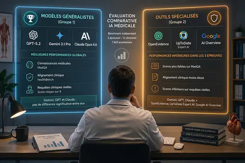 IA m&eacute;dicale : les mod&egrave;les g&eacute;n&eacute;ralistes d&eacute;passent OpenEvidence et UpToDate dans un benchmark de Nature Medicine